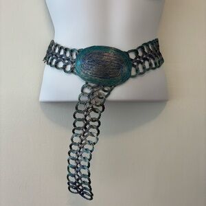 Vintage mesh bendable belt and buckle blue turquoise and silver size 36